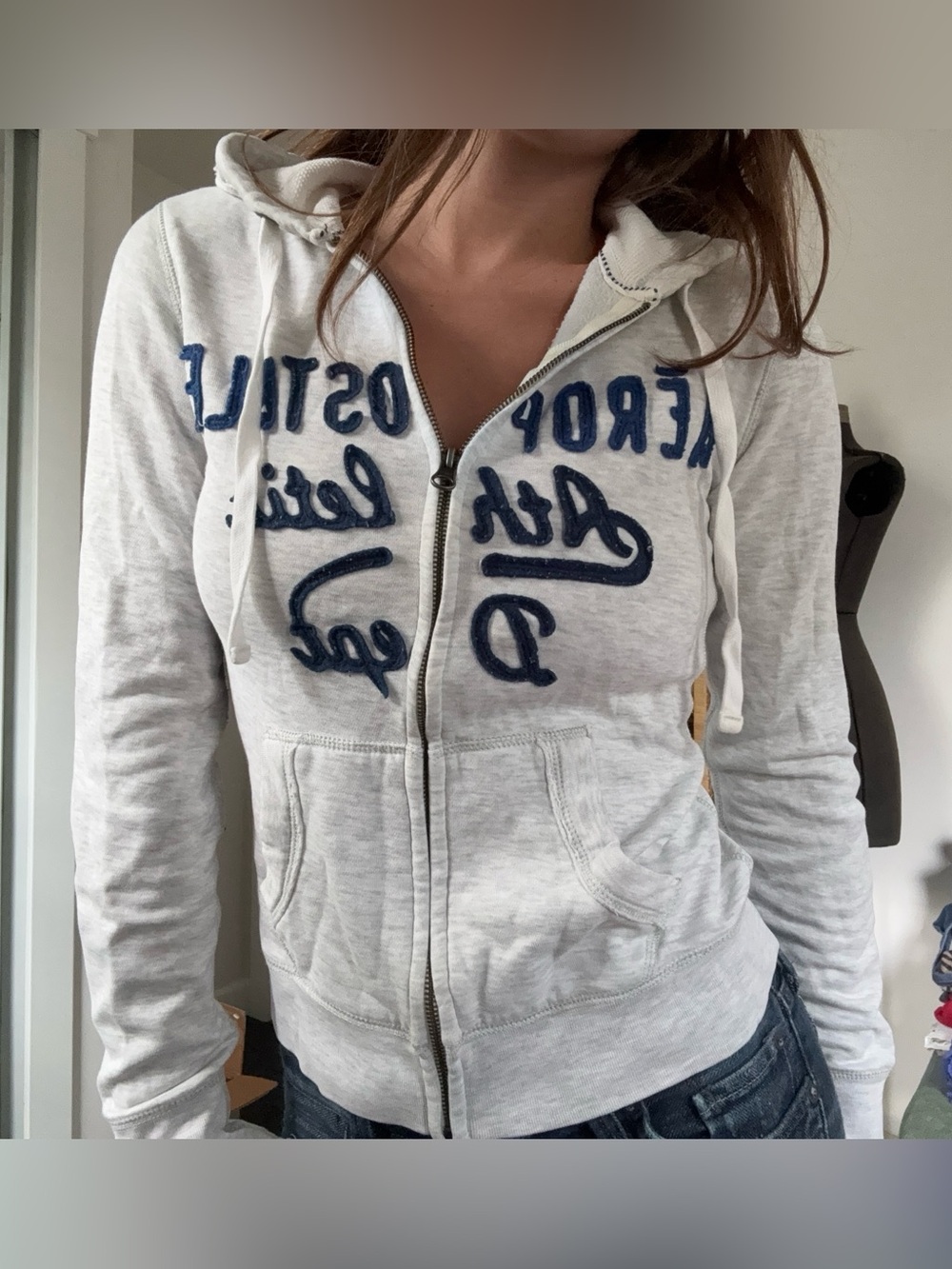 Vintage Y2K Aeropostale Athletic Dept Full Zip Hoodie XS Grey Navy Logo Fitted